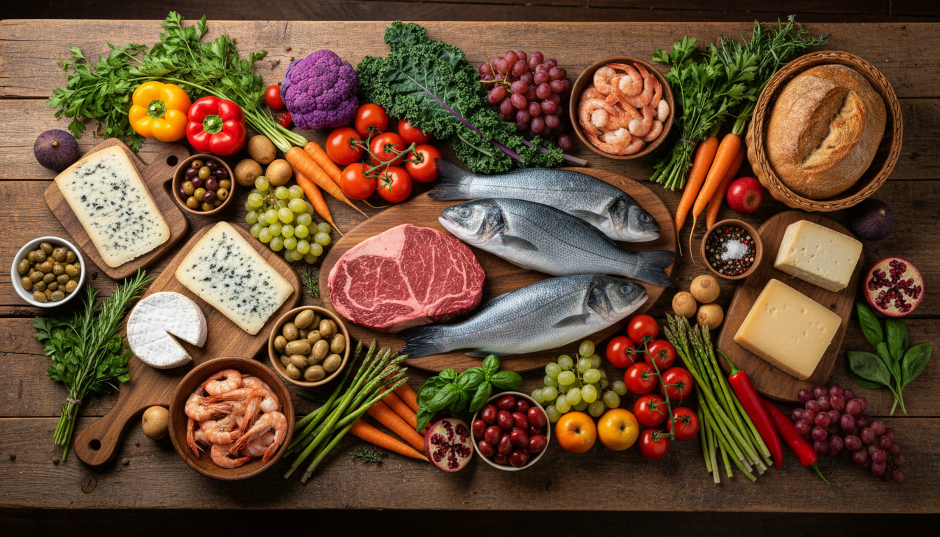Разнообразные свежие продукты на деревянном столе для ресторана
